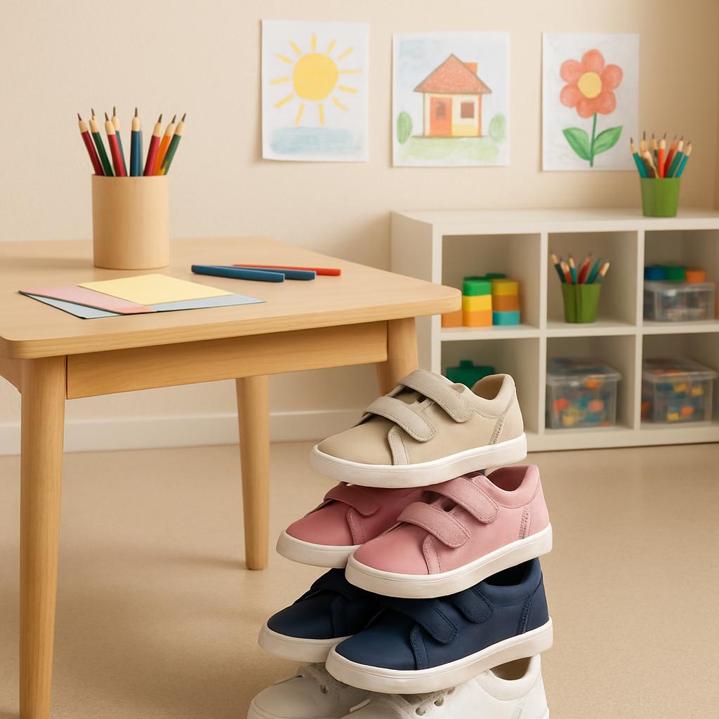 stack of kids canvas sneakers in a gathering of colorful art with cubby shelves.