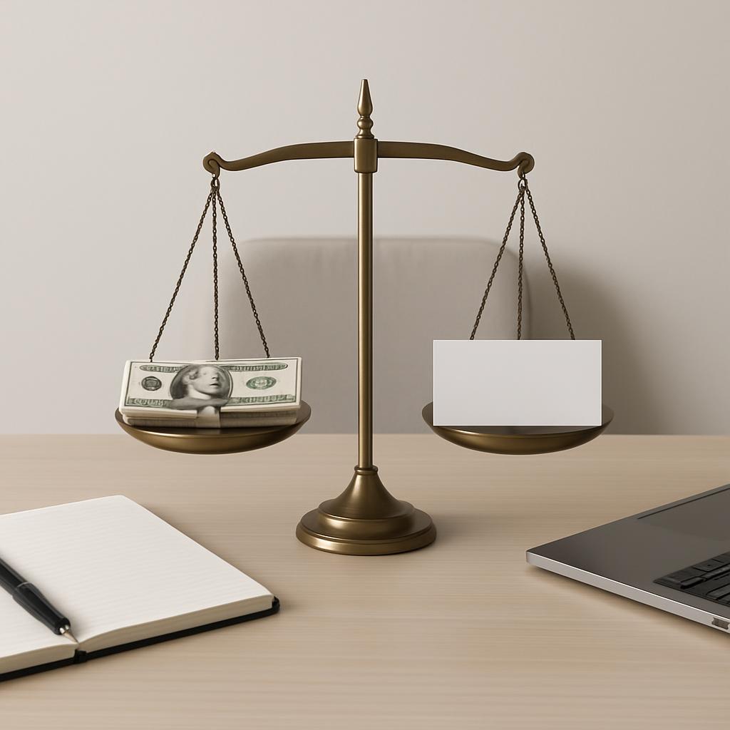 A balance scale featuring an equal measure of money and a blank white business card on a flat wooden table with greyish wa...