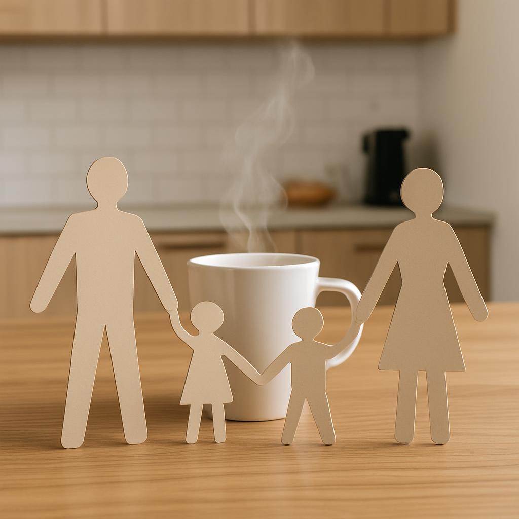 Alternative text: A cut out family poses by the kitchen table, with a steaming cup of coffee between them. The back walls ...