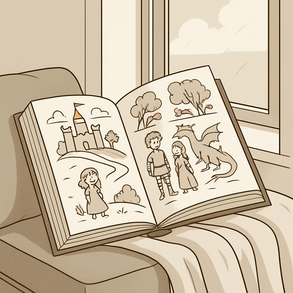 A sepia-toned illustration of an open book displaying sketches of characters and a dragon, lying on a chair. A sepia-toned...