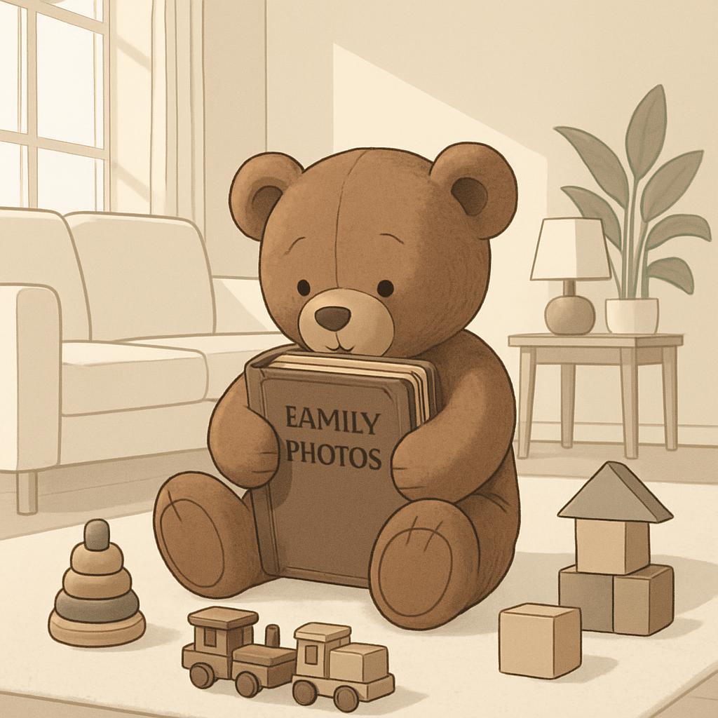 A teddy bear sitting on the floor, reading a book entitled 'FAMILY PHOTOS', in a living room with toys and furniture.