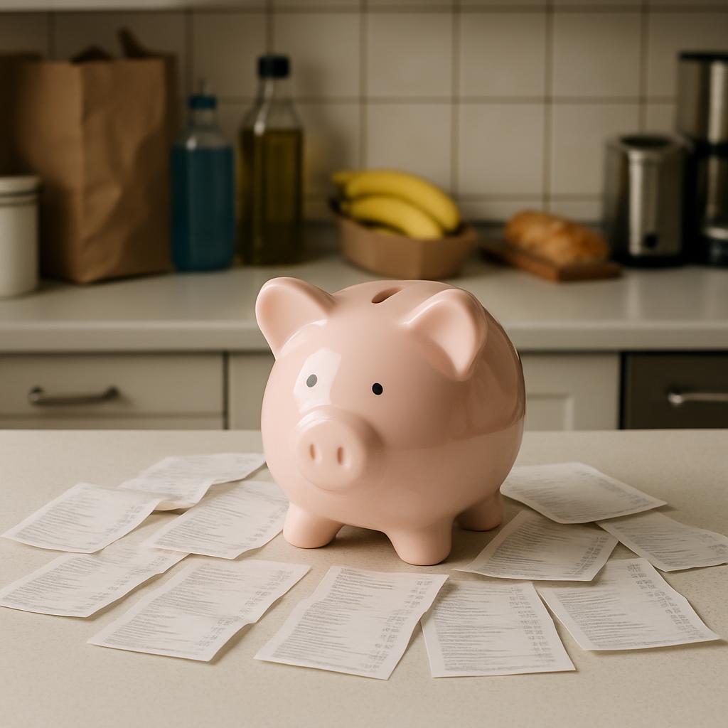 Piggy bank surrounded by receipts and kitchen items in background.