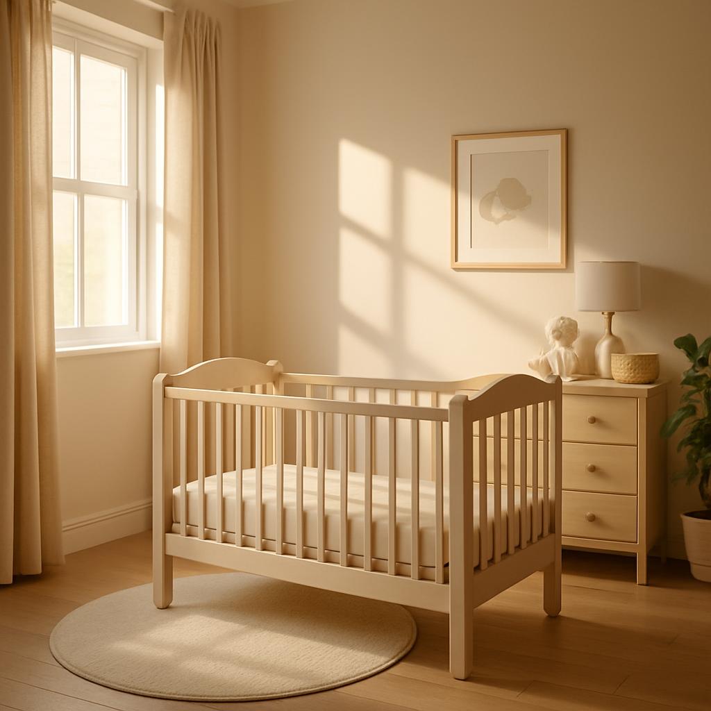 A baby's crib with a white frame and light-colored wood slats, resting on a rug in a sunny room, with sunlight pouring in ...