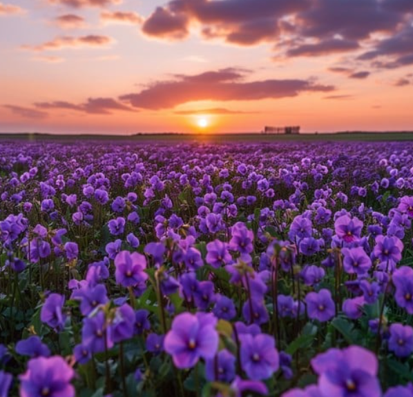 A field of purple flowers leading toward the sun in a vibrant sunset. The sunset is orange-tinted including the clouds. A ...